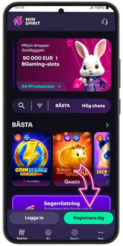Casinots mobilhemsida med Registrera-knappen markerad för ny spelarregistrering.
