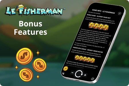Le Fisherman slot bonus features overview showing Slippery When Wet and Smokey Under Water bonus rounds with coin symbols on mobile screen.