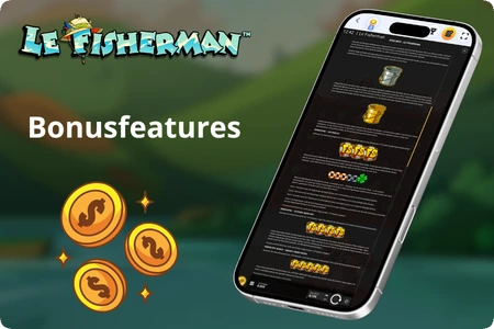 Le Fisherman Slot Bonusfeatures-Übersicht mit Bucket- und Coin-Symbolen auf dem Mobilbildschirm.