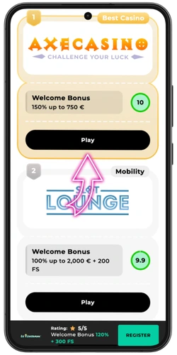 Casino rating list showing AmonBet with welcome bonus up to €750 and 300 free spins.