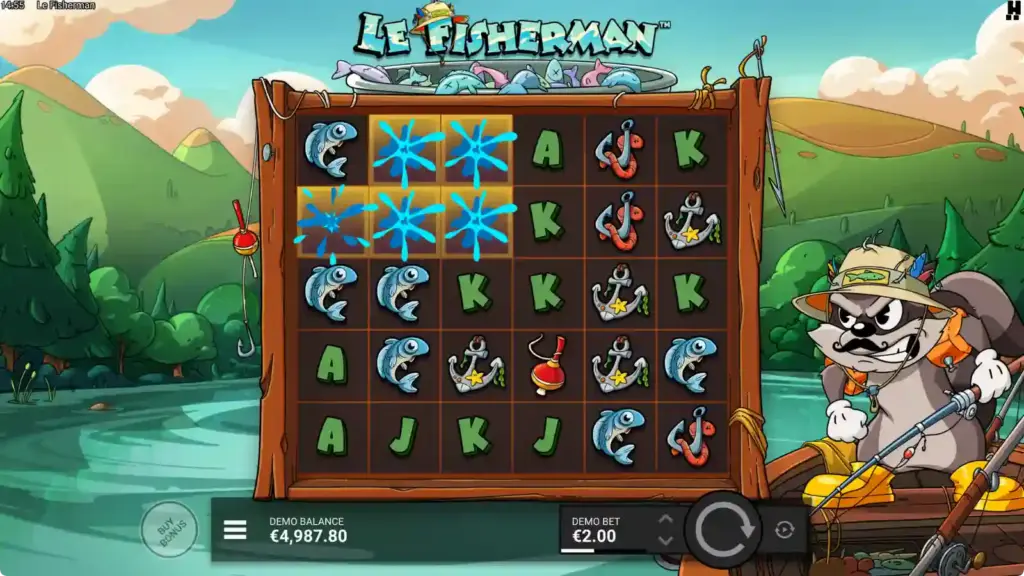 Le Fisherman-spilleautomaten har et 6x5-rutenett med klyngevinster og Super Cascades-eksplosjonseffekt på fiskesymbolene.