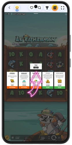 Le Fisherman Slot Einsatzbereich mit Feature-Buy-Optionen auf dem mobilen Bildschirm.