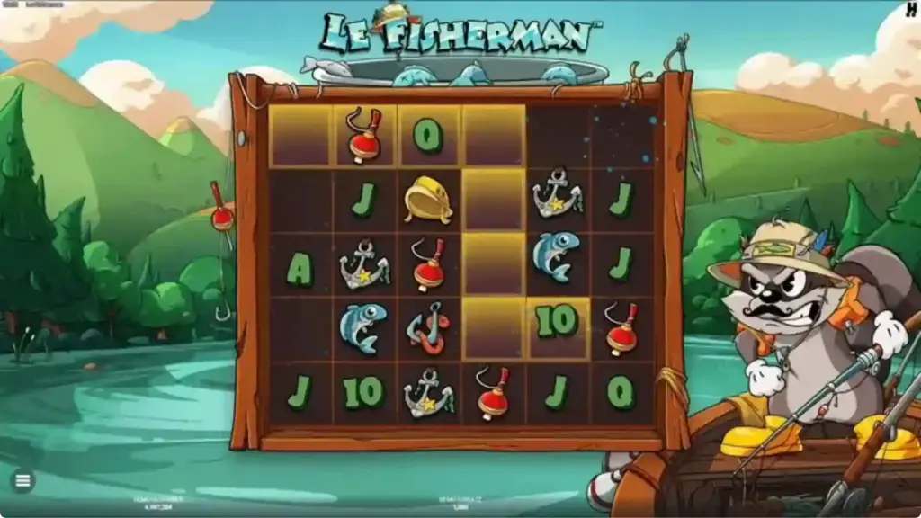 Le Fisherman Slot 6×5-Raster mit Cluster-Symbolen und Golden-Squares-Aktivierung im Grundspiel.