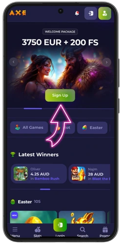 Casino mobile homepage with Sign Up button highlighted for new player registration.