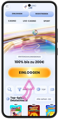 Casino LAB mobile Startseite mit Einloggen-Button und Ersteinzahlungsbonus 100% bis zu 200 €.