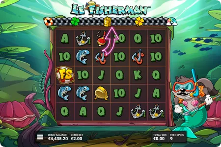 Le Fisherman Smokey Under Water-gratisspinnbonusrunden med FS-scattersymbol og 9 gjenværende spinn.