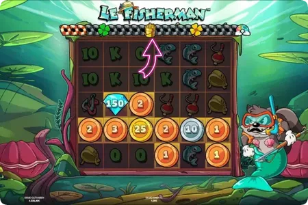 Le Fisherman Smokey-Under-Water-Bonusrunde mit Diamond Coin 150x, Gold Coin 25x und Silver Coin 10x auf dem Raster.