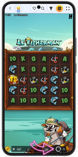 Le Fisherman Slot auf dem Mobilgerät mit 6×5-Raster und aktivem Grundspiel bei Casino LAB.