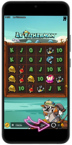 Le Fisherman slot -pelaaminen mobiilissa 6x5 ruudukolla pyöräytyspainikkeella ja panossummalla.