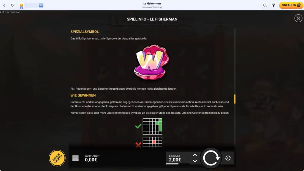 Le Fisherman Spielinfo mit rosa Muschel als Wild-Symbol und Cluster-Pays-Gewinnbedingung ab 5 verbundenen Symbolen.