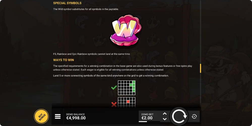 Le Fisherman spesialsymboler-seksjon som viser rosa skjell Wild-symbol og cluster pays vinnende kombinasjonsdiagram som krever 5 eller flere tilkoblede symboler.