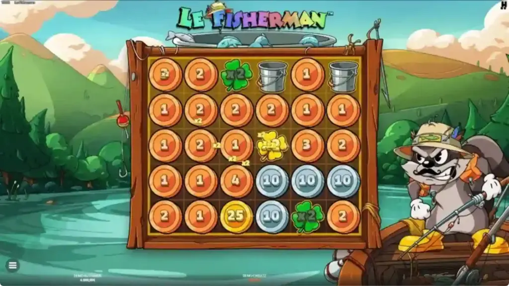 Le Fisherman Golden-Squares-Aktivierung mit Bronze Coins, Silver Coins, Green Clover x2 und Gold Clover x2 Multiplikatoren auf dem Raster.
