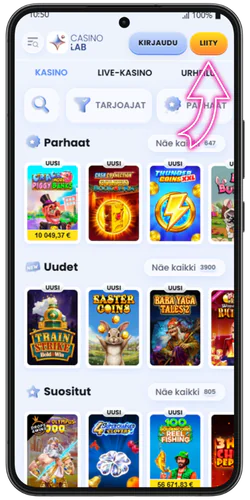 Kasinon mobiilietusivu, jossa Rekisteröidy-painike korostettuna uusille pelaajille.